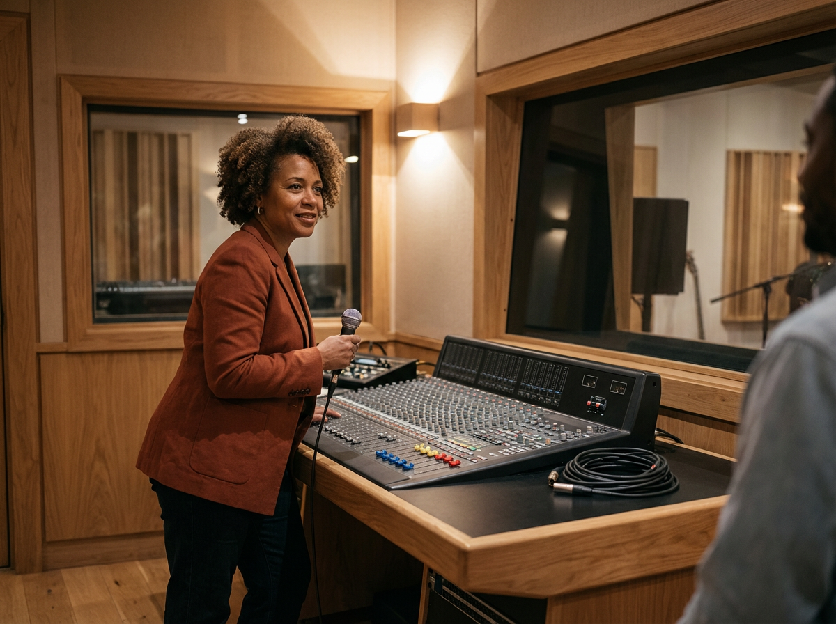 A woman holding a microphone in a recording studio, standing next to a large audio mixing console.