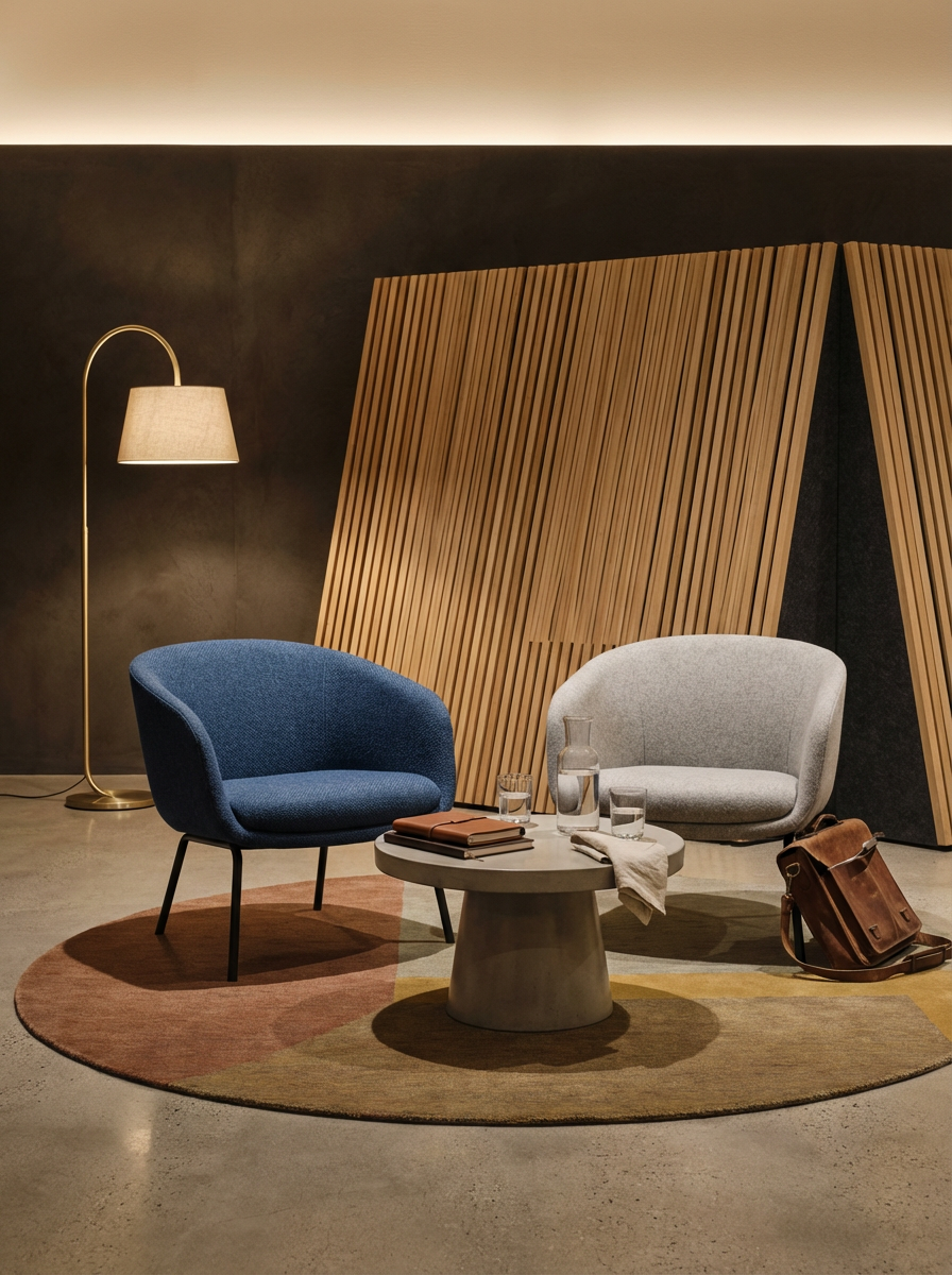 A modern sitting area with two upholstered armchairs, one blue and one light gray, positioned around a round coffee table with a glass pitcher and glasses. There is a brown leather bag on the floor next to the light gray chair. A tall, gold-colored floor lamp with a beige lampshade stands beside the blue armchair, and a decorative wooden slat partition features in the background. The area is illuminated with soft, warm lighting.