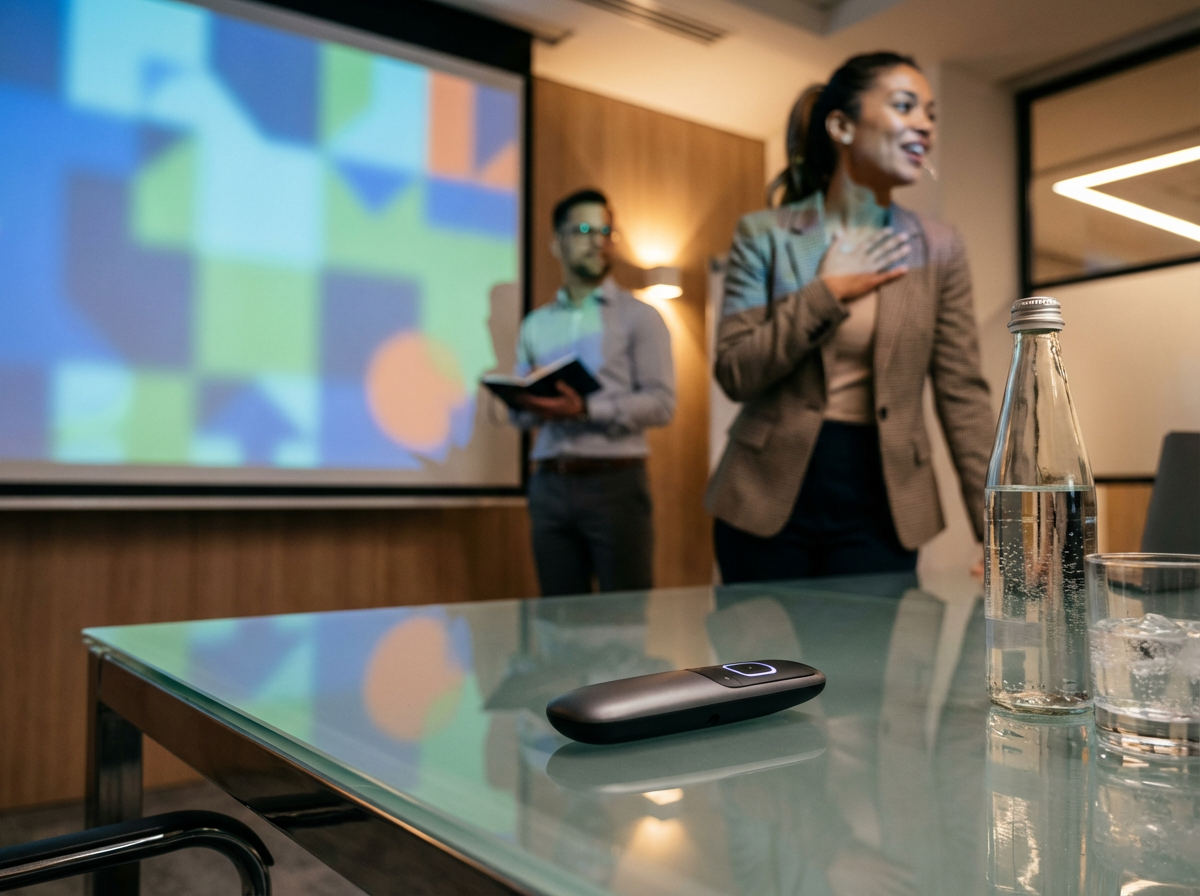 A woman standing during a presentation with her hand on her chest, a man in the background holding a notebook, a screen with colorful abstract shapes, a table with a remote, glass bottle, and water glass.