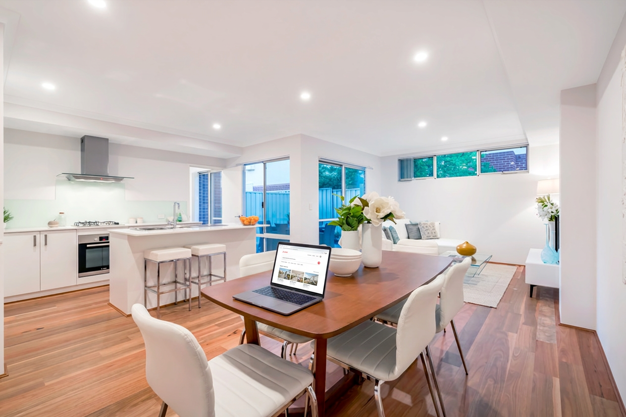 Open-concept living and dining area with white walls, wooden flooring, a wooden dining table with six white chairs, a laptop on the table, and a kitchen with white cabinets, an island with two stools, and large windows with a view of a backyard.