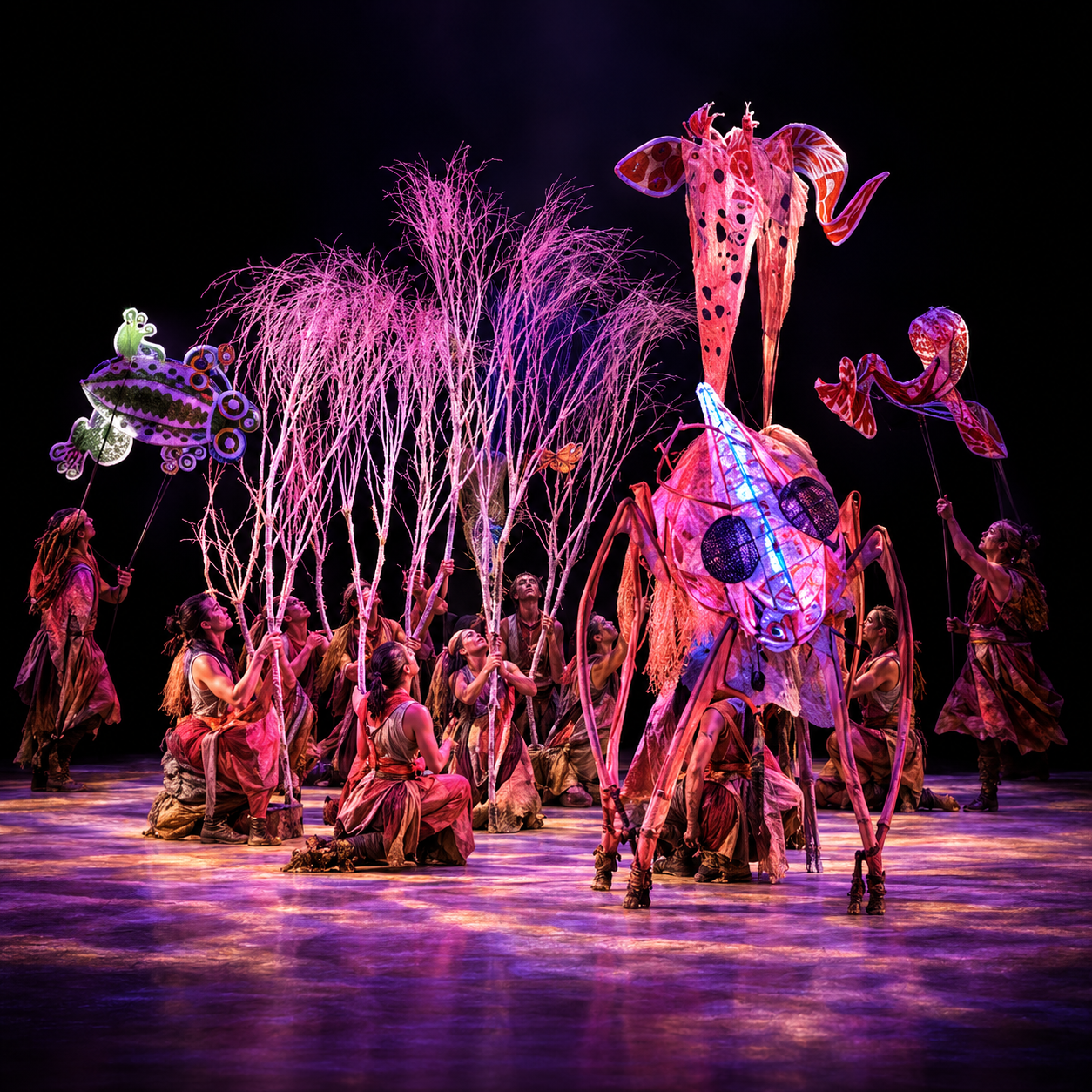 A group of performers on stage holding colorful illuminated puppets of insects and plants, with a dark background and vibrant lighting.