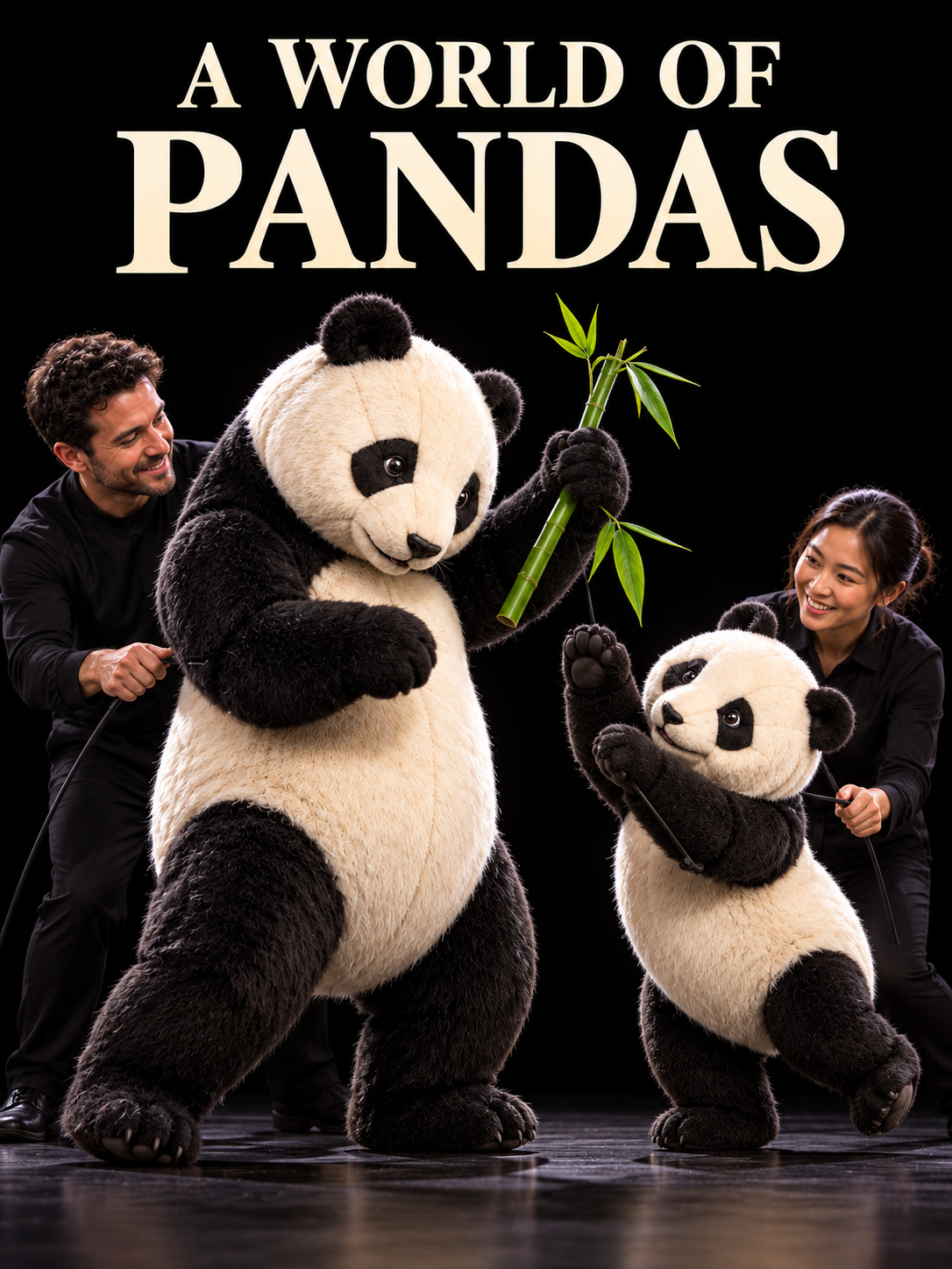 Two people in panda costumes holding bamboo stalks, with a larger panda and a smaller panda, on a stage with a black background, under the text 'A World of Pandas'.