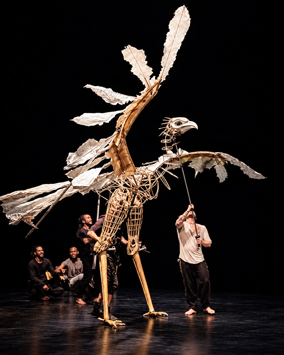 A puppet of a dragonfly being operated by four performers on stage; the dragonfly puppet has a large body, wings, and an elongated head, with the performers manipulating its limbs and wings against a black background.