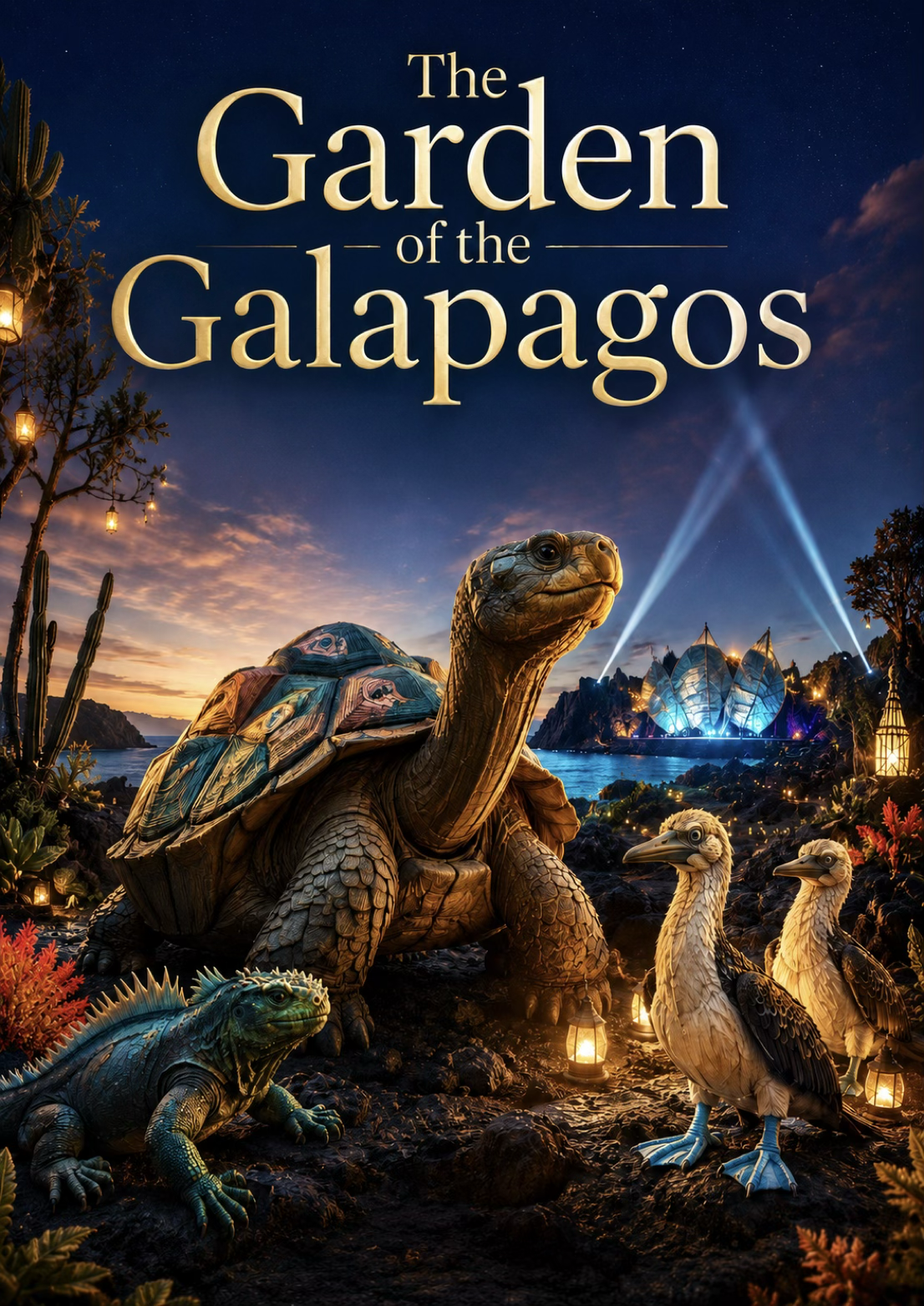 Cover art for The Garden of the Galápagos, depicting a large tortoise with two bird-like creatures and a smaller lizard, set by the ocean with a scenic sunset, illuminated plants, and a lit structure in the background.