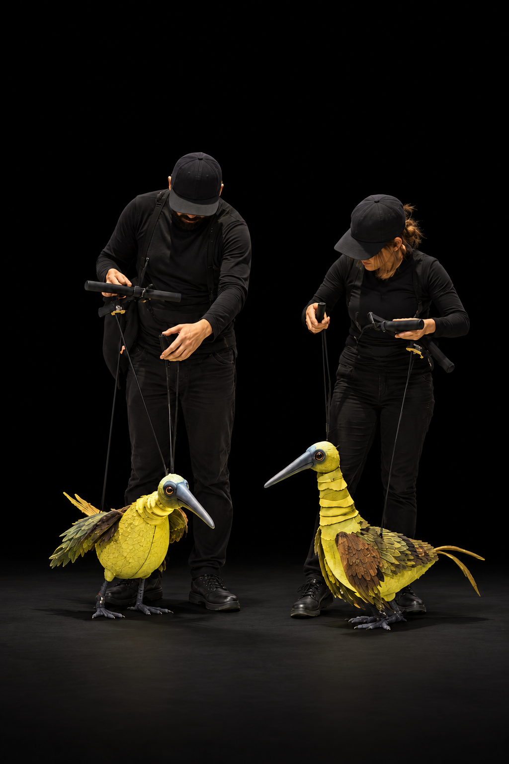 Two puppeteers with bird puppets against a black background.