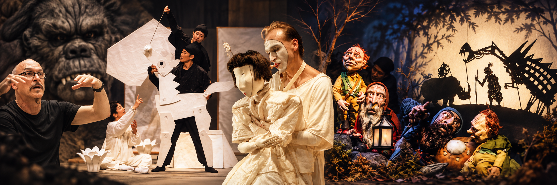 A puppet theater scene with various puppet characters and puppeteers, including a giant face puppet in the background, with a dark forest silhouette backdrop.