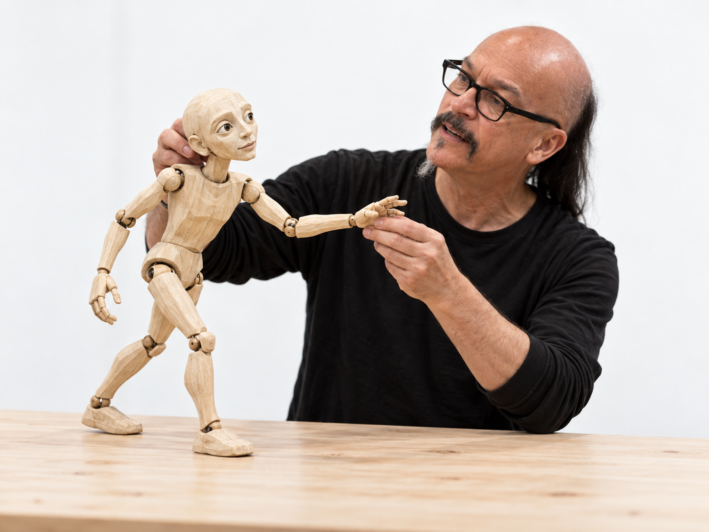 Peter Wilson holds a wooden puppet while engaging with it.