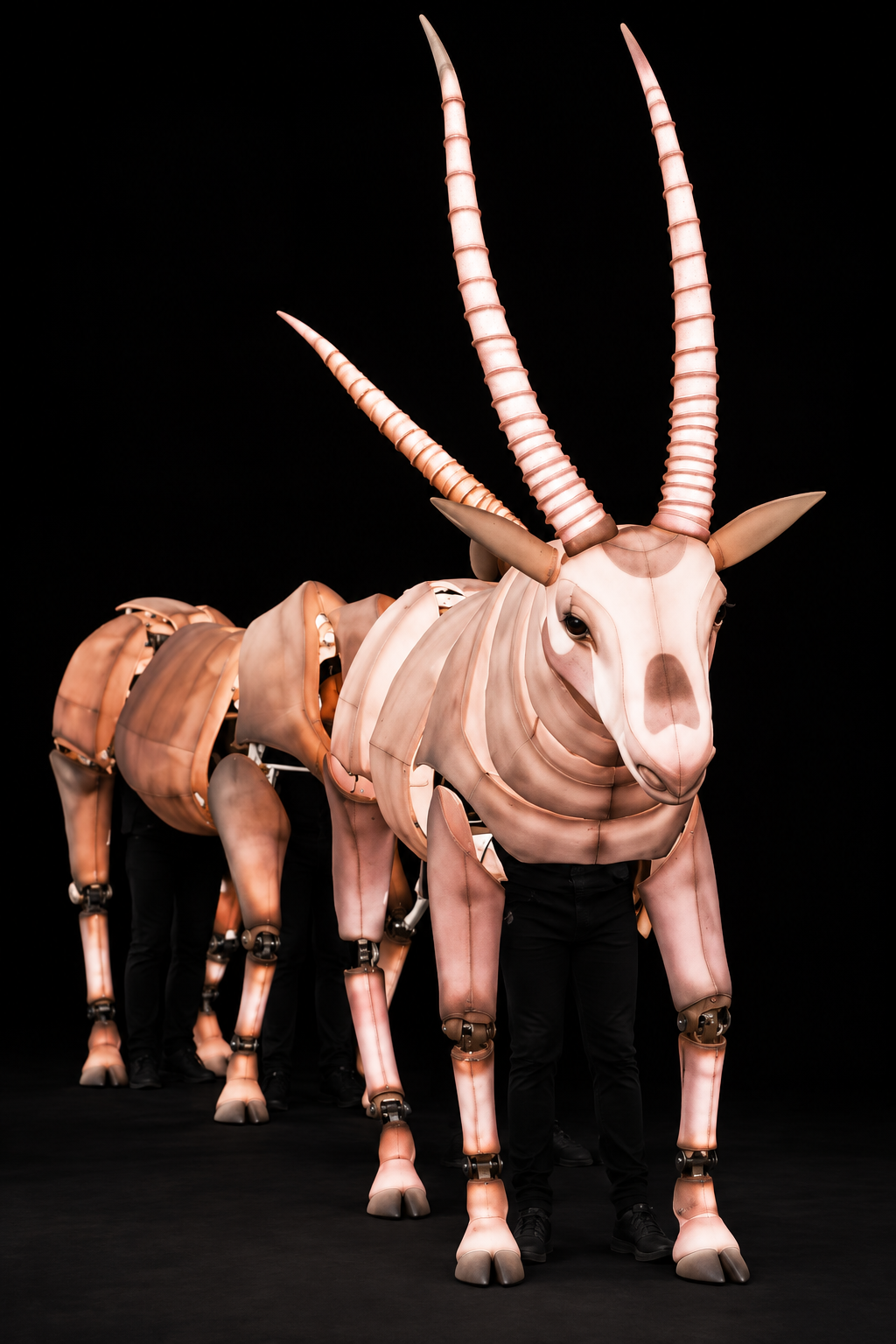 Puppeteers manipulating an oryx standing on a black floor against a black background.