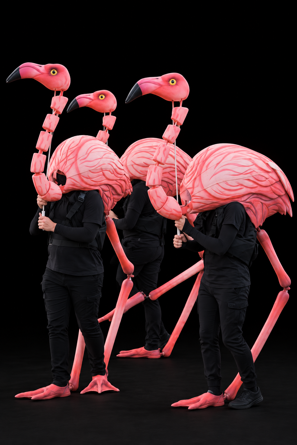 Four flamingo puppeteers standing against a black background.
