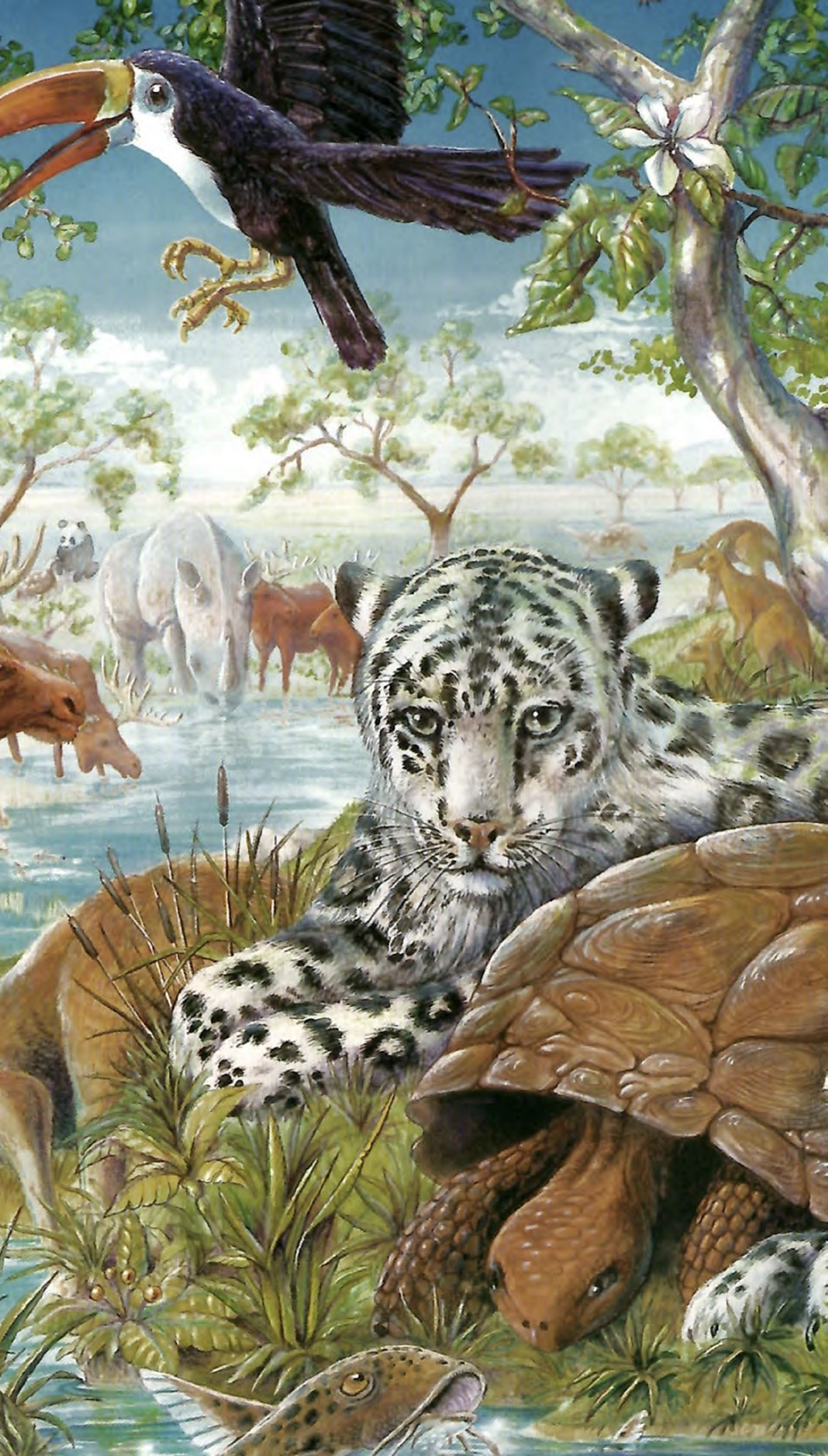 A vivid painting of a wildlife scene featuring a white tiger lying near a riverbank, surrounded by various animals including a turtle, fish, and a bird flying overhead, all set in a lush forest.