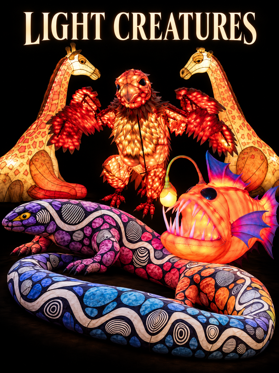 Colorful illuminated lantern sculptures of a giraffe, an eagle, a dragon, and a fish against a black background, with the title 'Light Creatures' at the top.