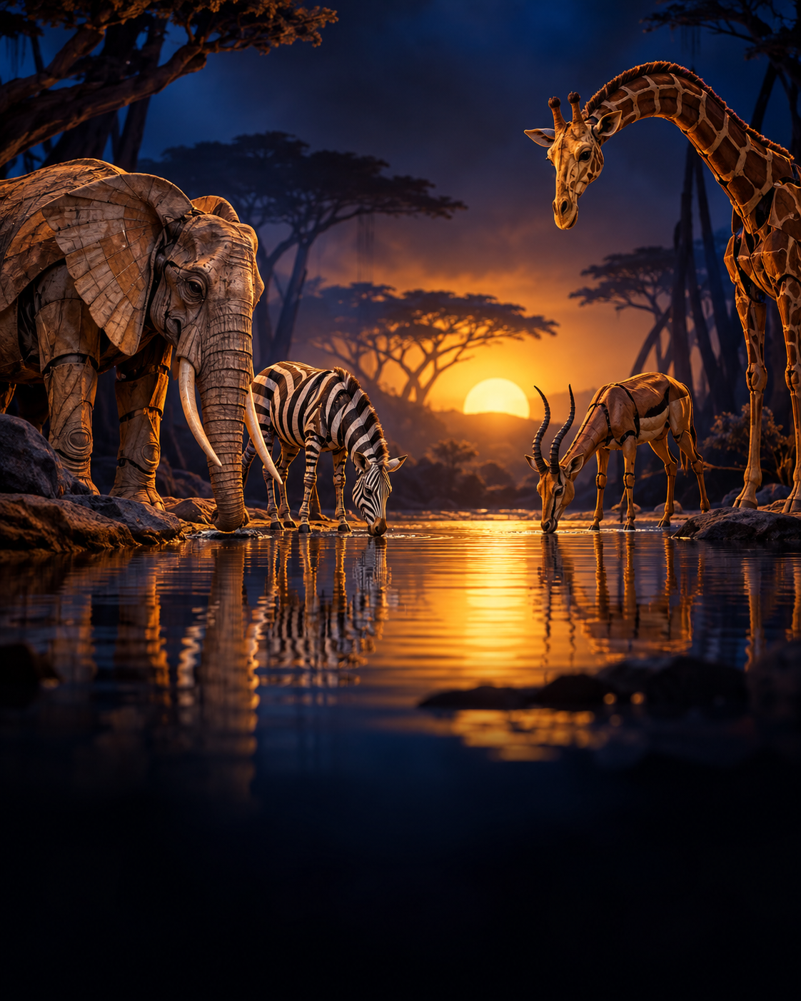 A digital image of five animals drinking water at a sunset in an African savanna, including an elephant, a zebra, a giraffe, and two antelopes, with acacia trees in the background.