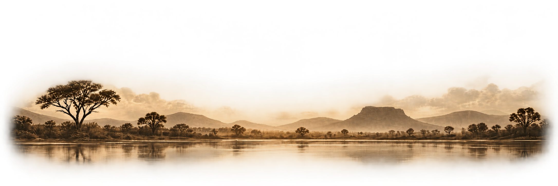 Sunset over a river with silhouetted trees and mountains in the background.