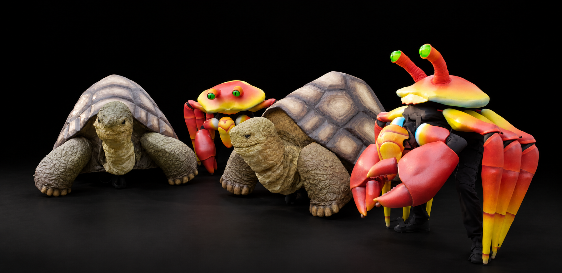 Three tortoise puppeteers and two large puppet crabs on a black background.