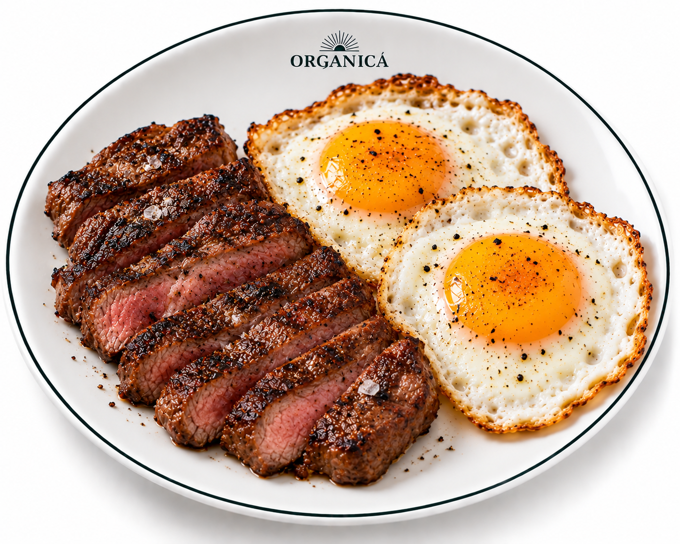 Sliced cooked steak and two sunny-side-up eggs on a white plate with black text and logo near the top.