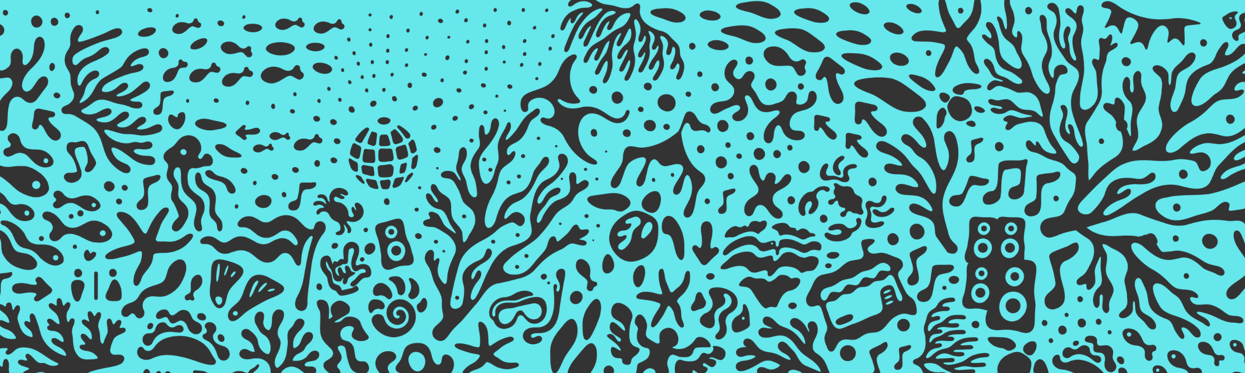 Black line drawings of corals, sea creatures, musical instruments, and festival scenes.