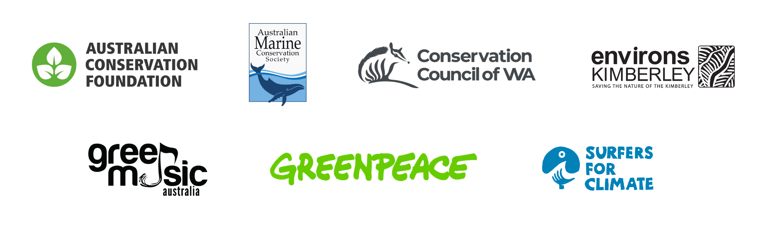 Collection of logos representing environmental organizations, including Australian Conservation Foundation, Australian Marine Conservation Society, Conservation Council of WA, Environs Kimberley, Greenpeace Australia, and Surfers for Climate.