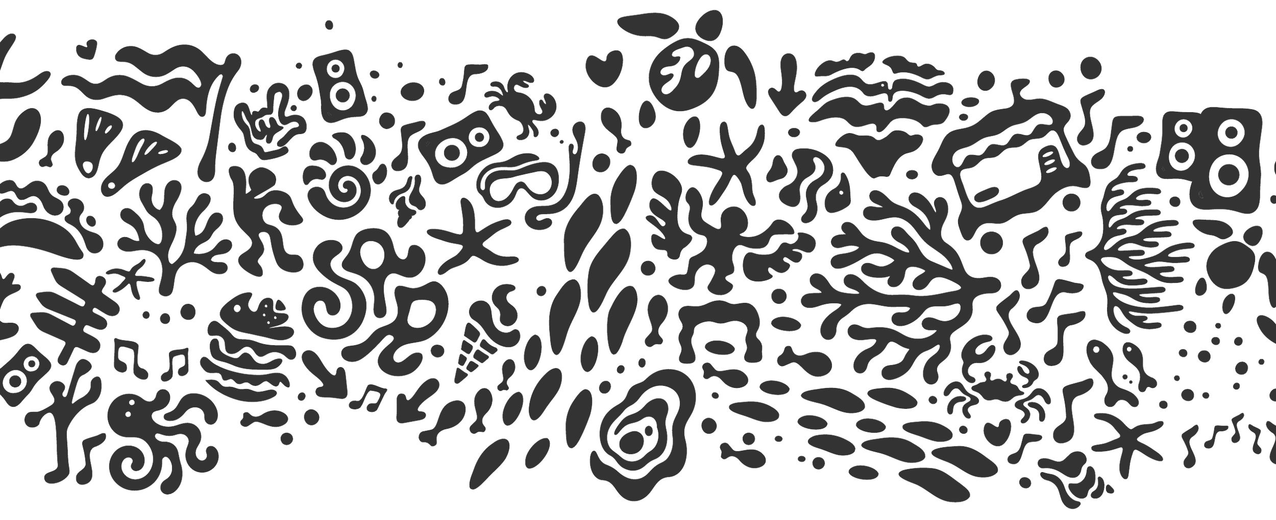 Black line drawings of corals, sea creatures, musical instruments, and festival scenes.