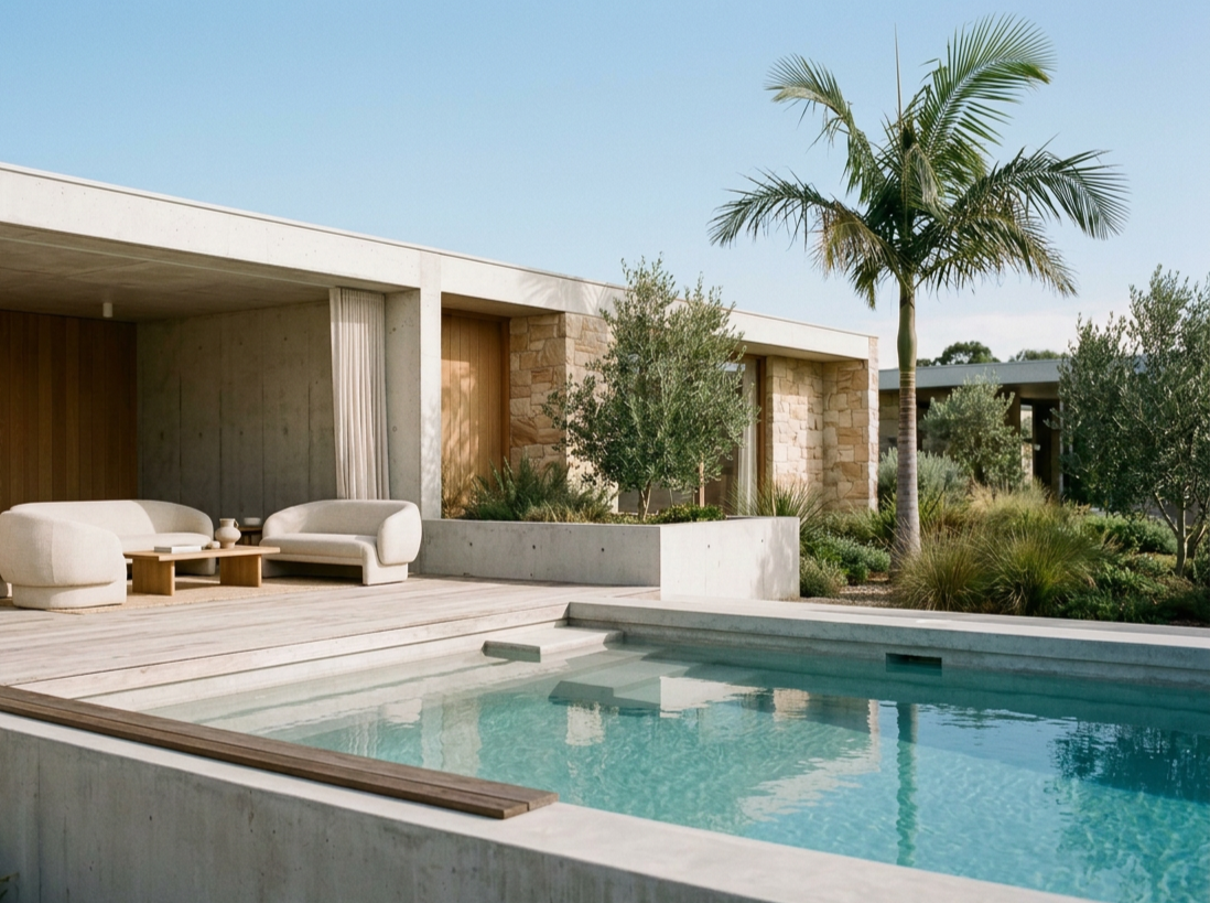 Modern outdoor patio with a private pool, white couches, small wooden table, palm tree, and lush greenery, under a clear blue sky.