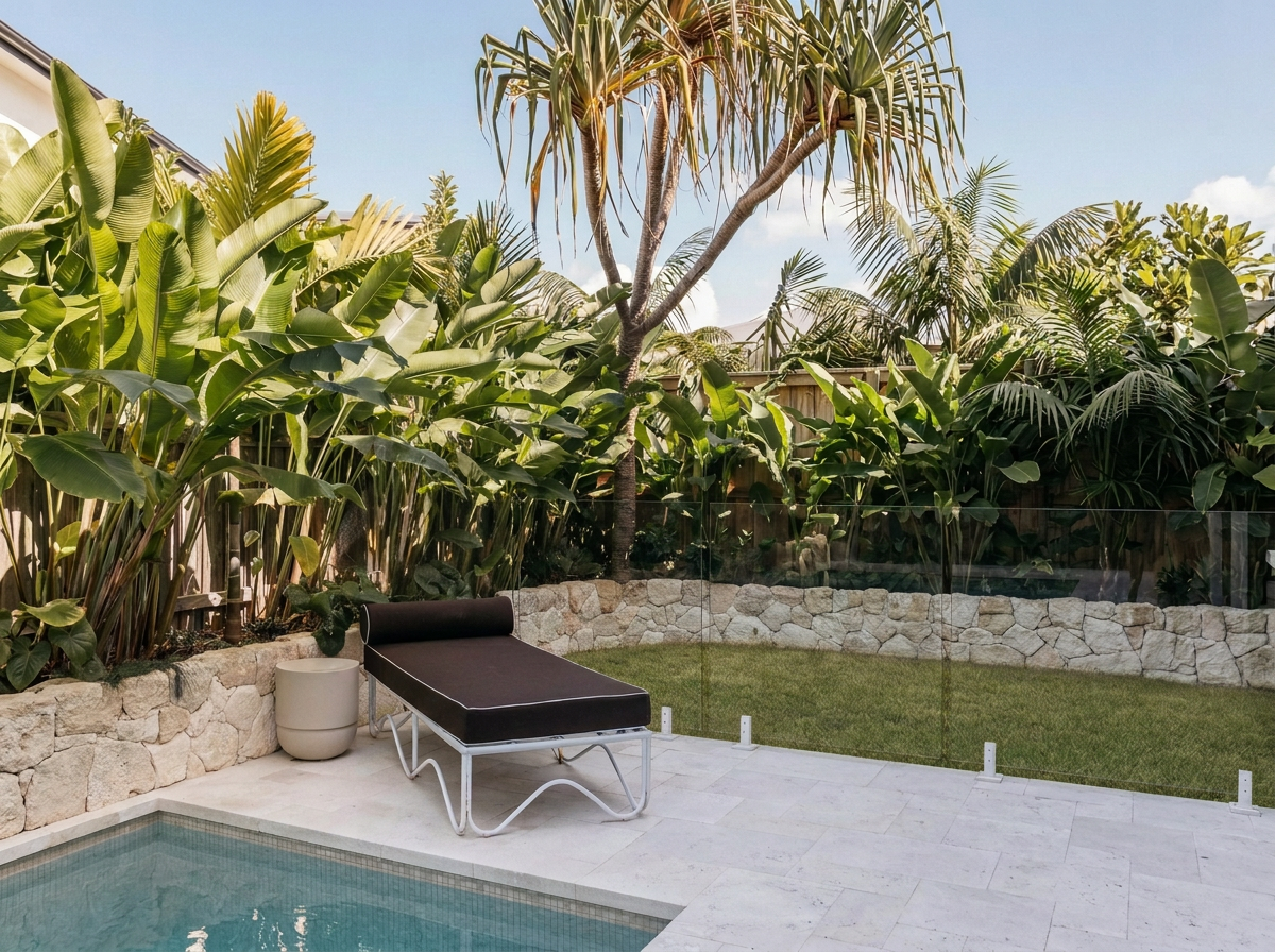 Backyard with fully tiled pool, a chocolate sun lounger with a rolled cushion, a beige side table, and lush tropical heliconia plants behind a gather co stone wall and glass fencing.