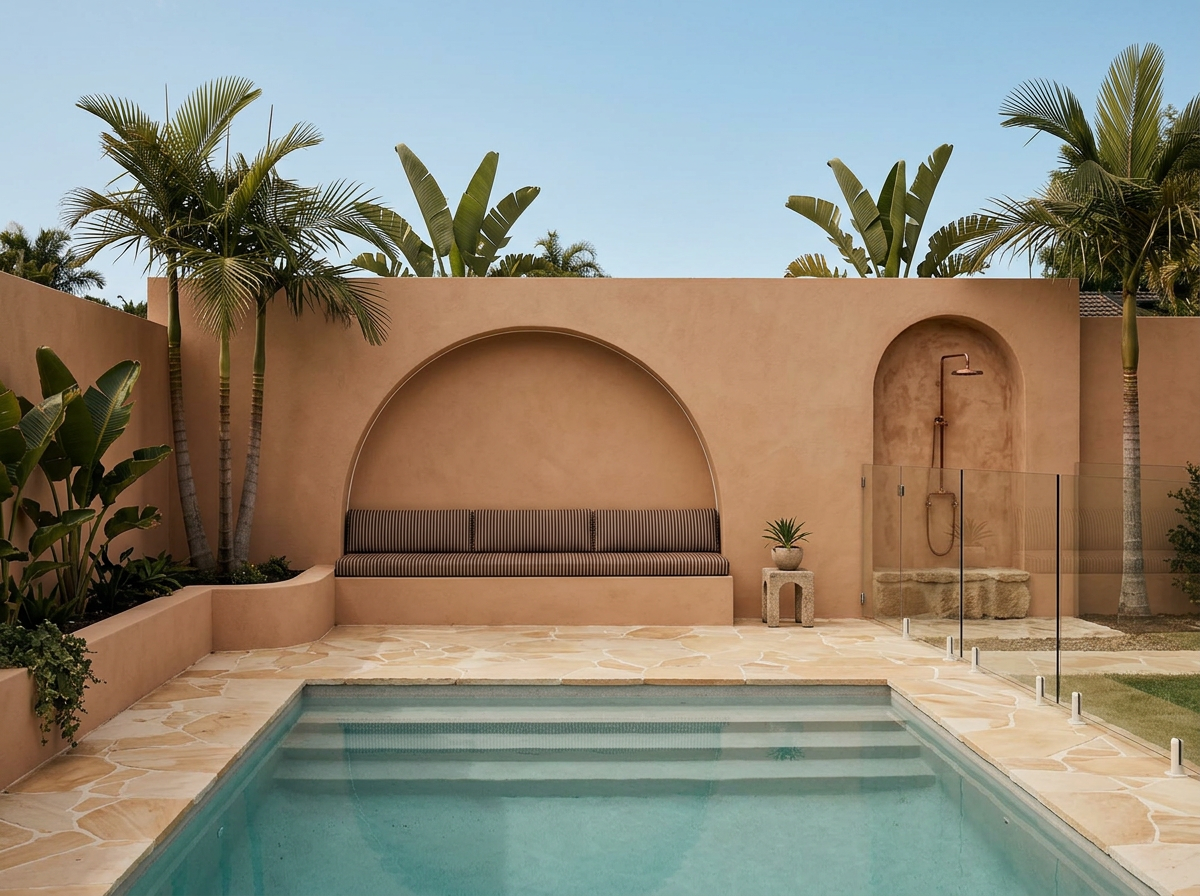 A luxurious backyard with a swimming pool, tropical plants, and a beige stucco wall featuring a built-in bench, a small potted plant, and an outdoor shower with a glass barrier.