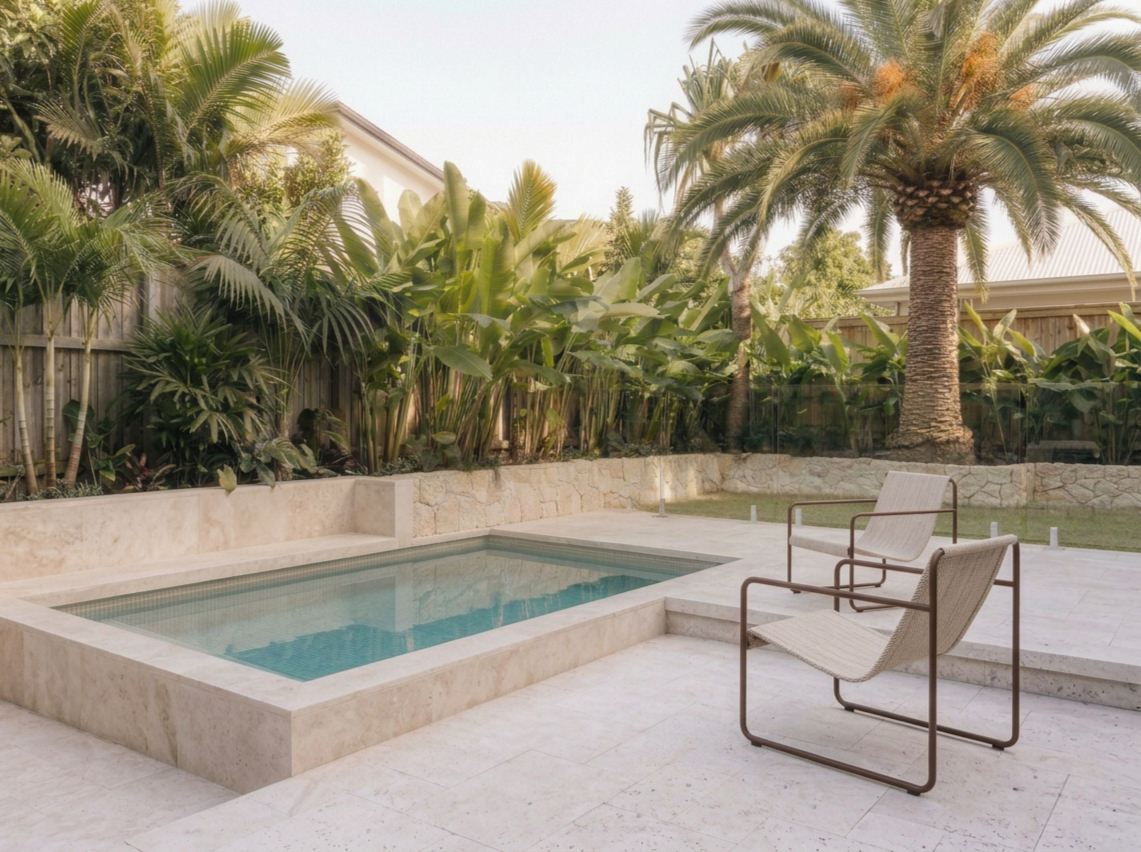 Backyard with a small rectangular pool, two lounge chairs, tropical plants, and palm trees.