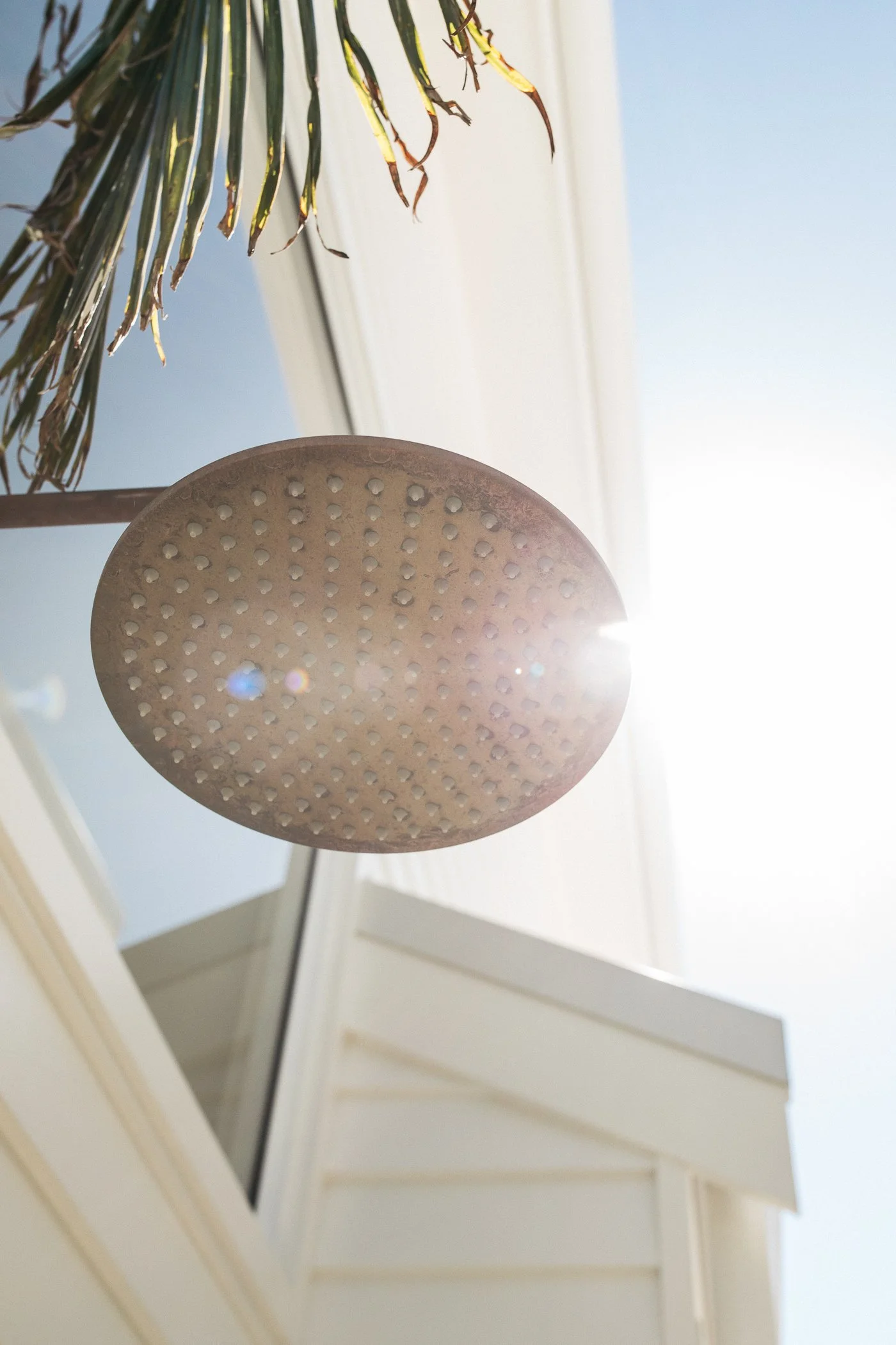 A beige, round shower head held up against a light blue sky with a white building in the background.