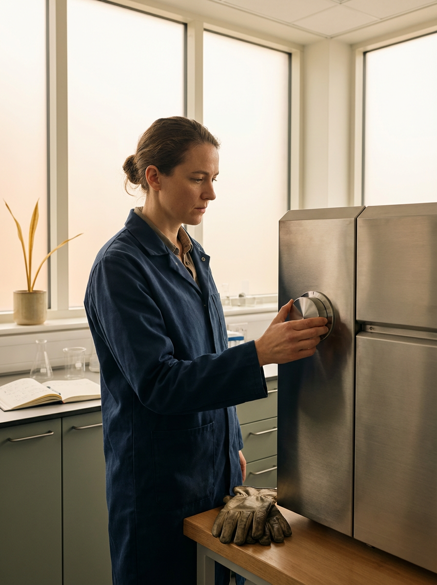 Technician calibrating a laboratory instrument