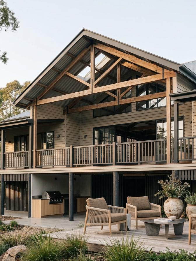 An outdoor patio of a modern house with a wooden deck, seating area, and a built-in grill. The house has a two-story design with large windows and a sloped roof supported by exposed wooden beams.