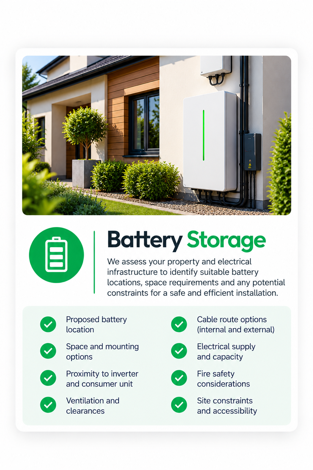 A modern house with a small front yard, shrubs, and a large white battery storage system installed outside the house wall, beneath an electrical box.