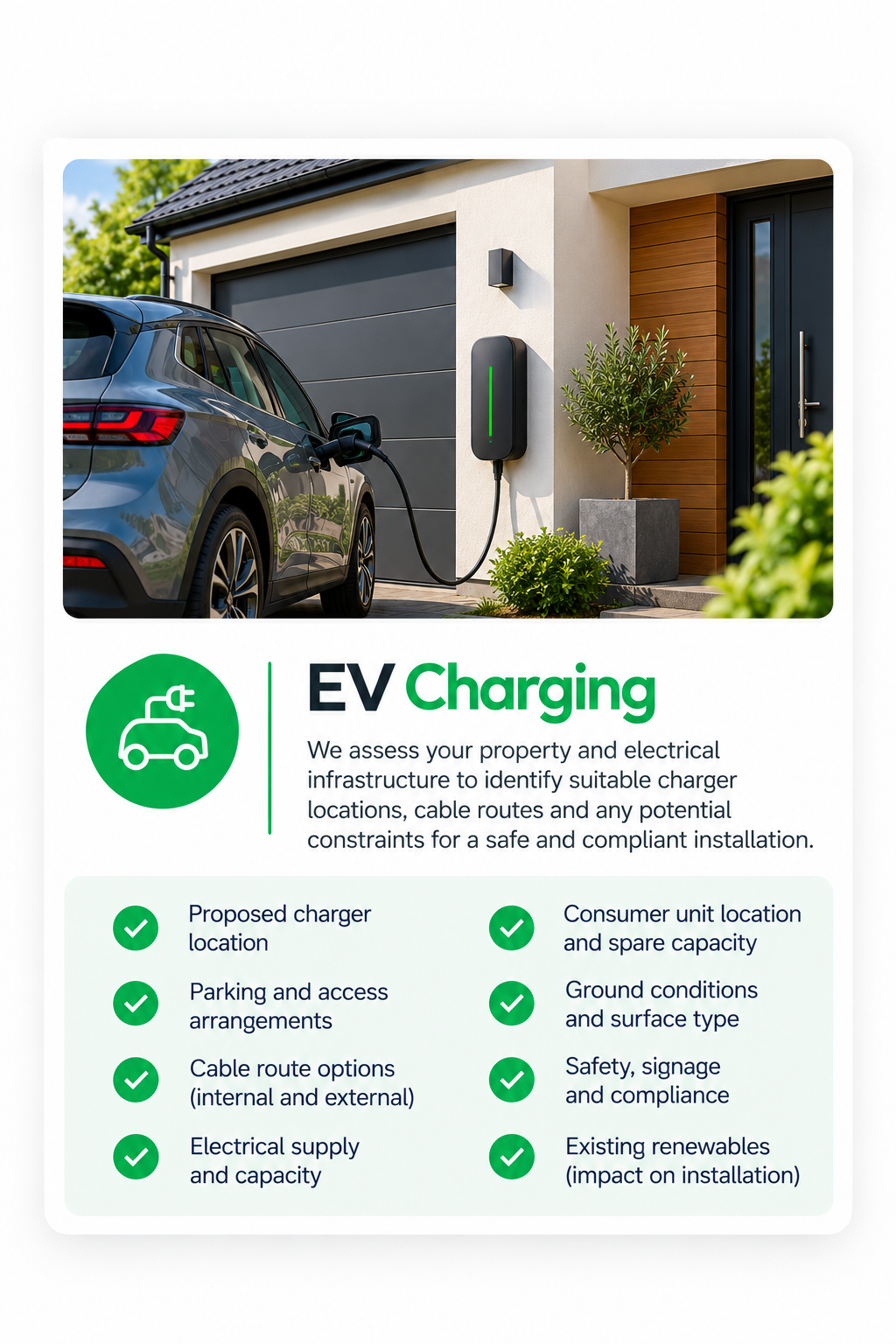 A modern house with an electric vehicle charging station outside, where an electric car is plugged in to charge.