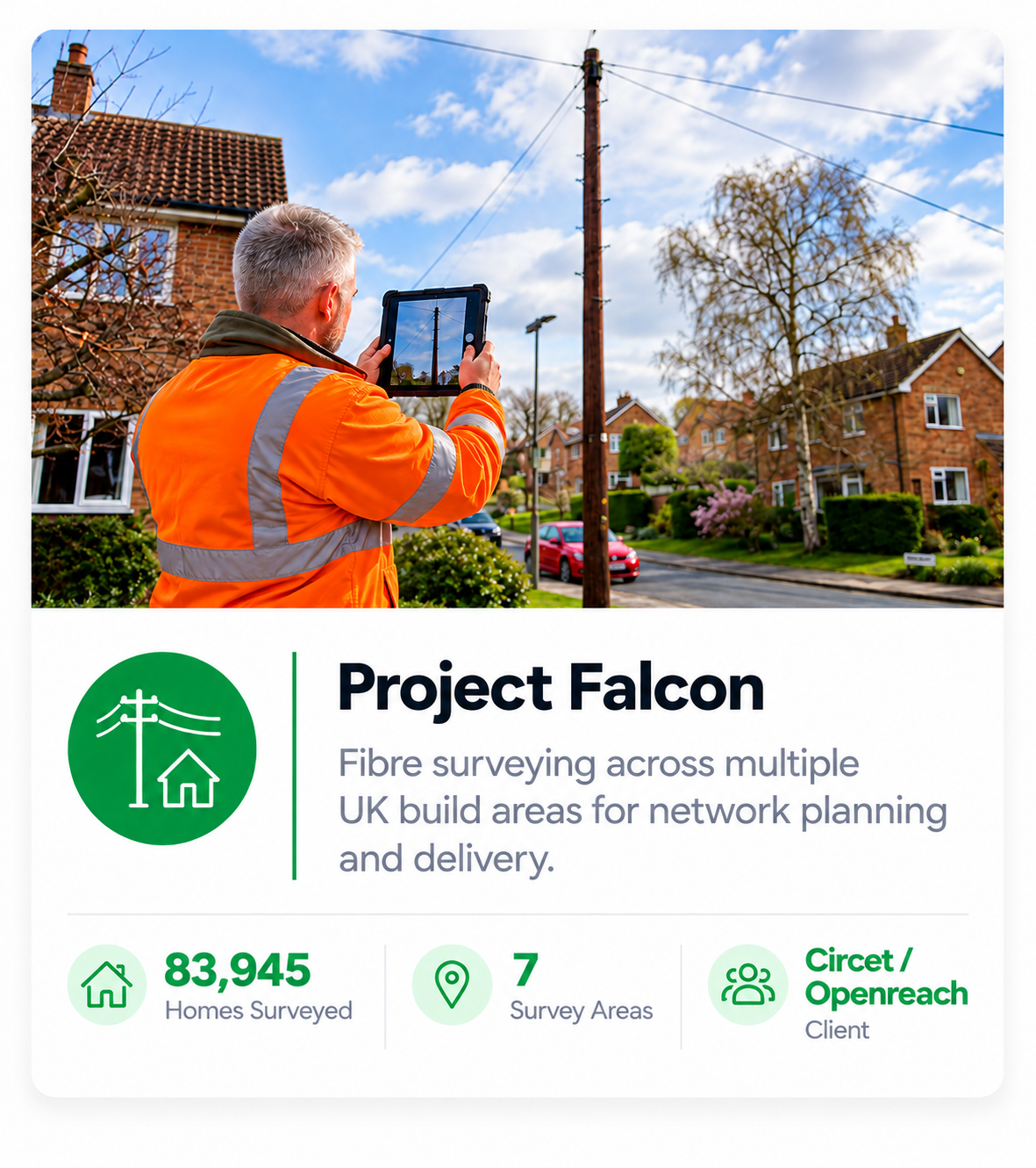 A man in an orange safety jacket taking a photo of a telephone pole with a tablet on a residential street with houses, trees, and parked cars under a partly cloudy sky.