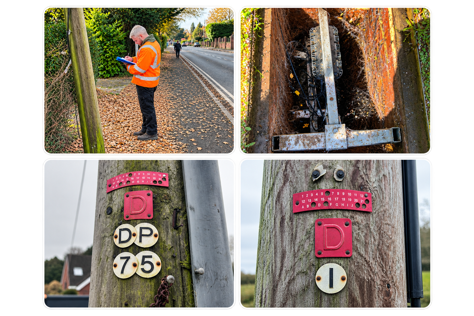 A collage of four images: The first shows a man in an orange safety vest standing on a sidewalk, inspecting a utility pole with a clipboard. The second is a close-up of an open utility box with wires and components inside. The third and fourth images display close-ups of utility poles with various identification plates and markers attached to them.