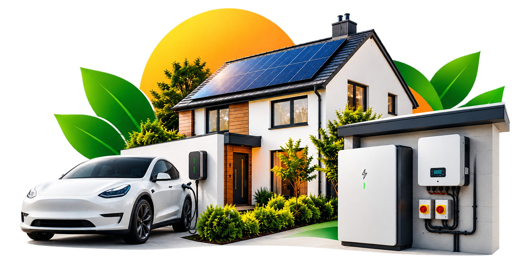 A modern house with solar panels on the roof, an electric car plugged into a charging station, and green foliage in a solar-powered energy system.
