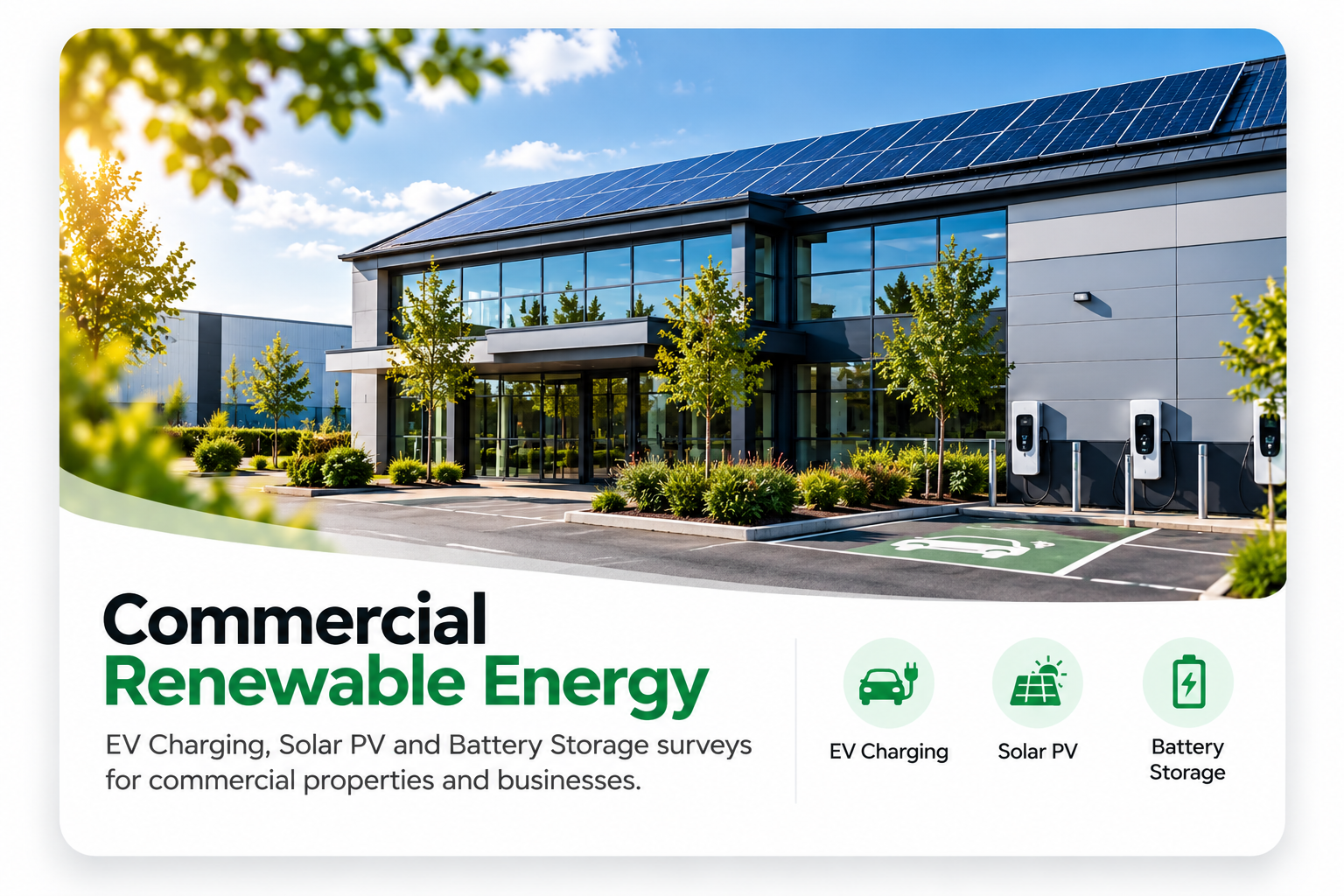 Front view of a modern commercial building with solar panels on the roof, surrounded by trees and greenery, with charging stations for electric vehicles and a dedicated parking space marked for electric cars.