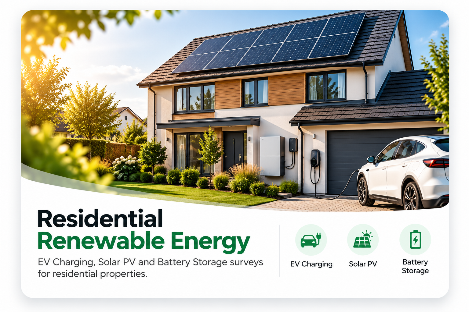 A modern two-story house with solar panels on the roof, surrounded by a well-maintained garden, with a white electric car parked outside connected to a charging station. The image promotes residential renewable energy solutions like EV charging, solar PV, and battery storage.