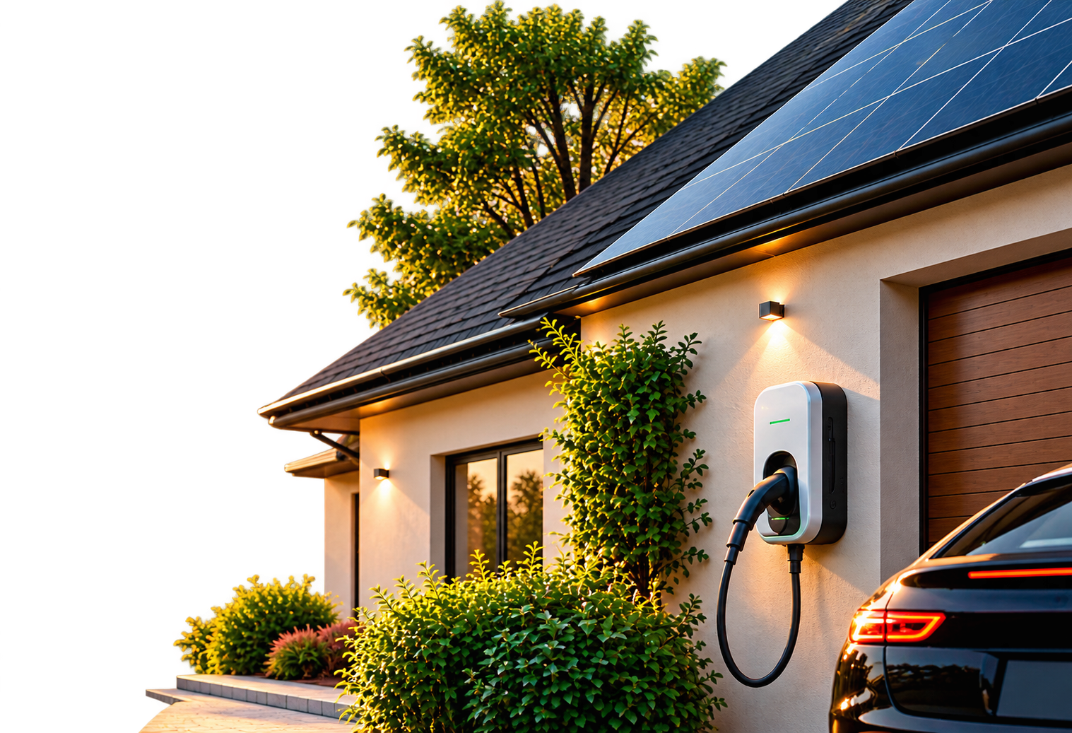A modern house features solar panels on its roof, an electric vehicle charging station on the wall, and a car parked outside. The house is surrounded by greenery with bushes and a tree, and has outdoor lighting.