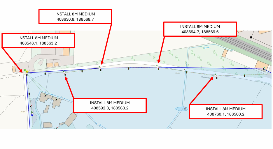 Map showing multiple points labeled to install 8M medium, with coordinates, on a body of water near some buildings, roads, and trees.