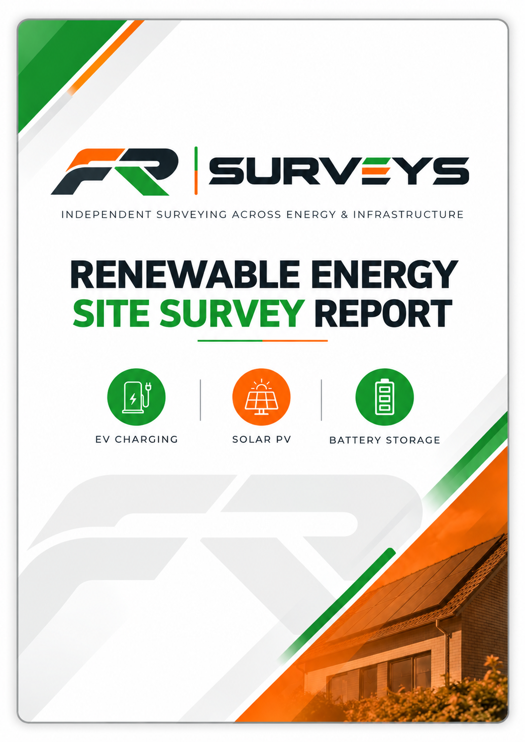 Cover page of a Renewable Energy Site Survey Report by FPR Surveys. Features icons for EV charging, solar PV, and battery storage with a house and solar panels in the background.