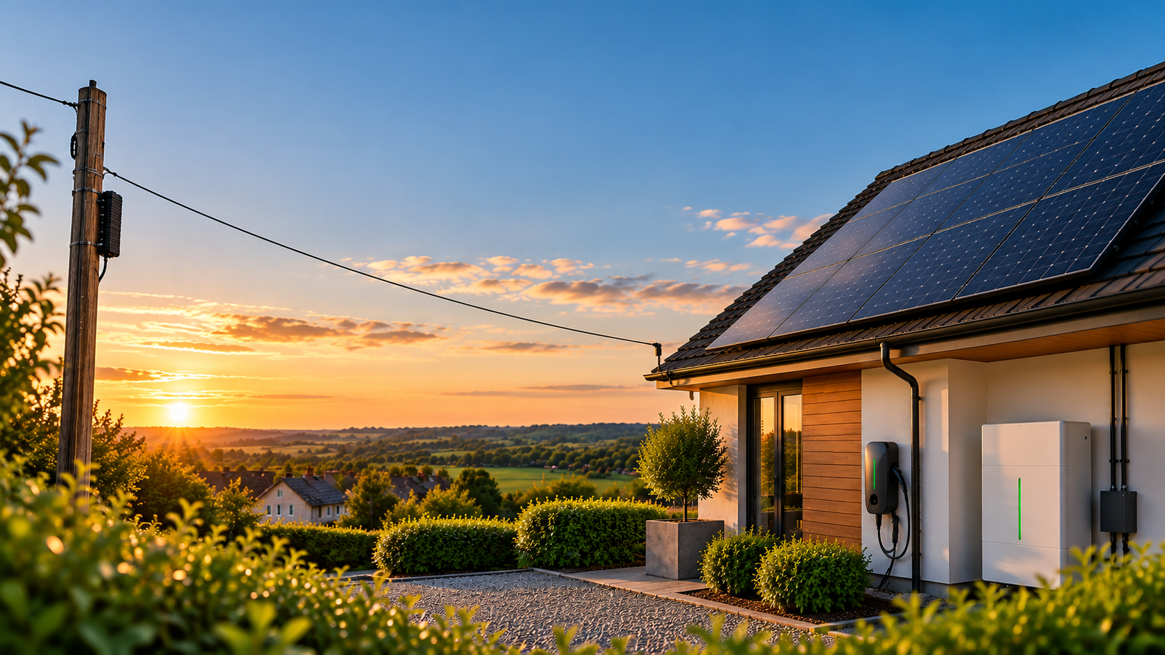A house with solar panels on the roof at sunset, surrounded by greenery and a scenic landscape in the background.