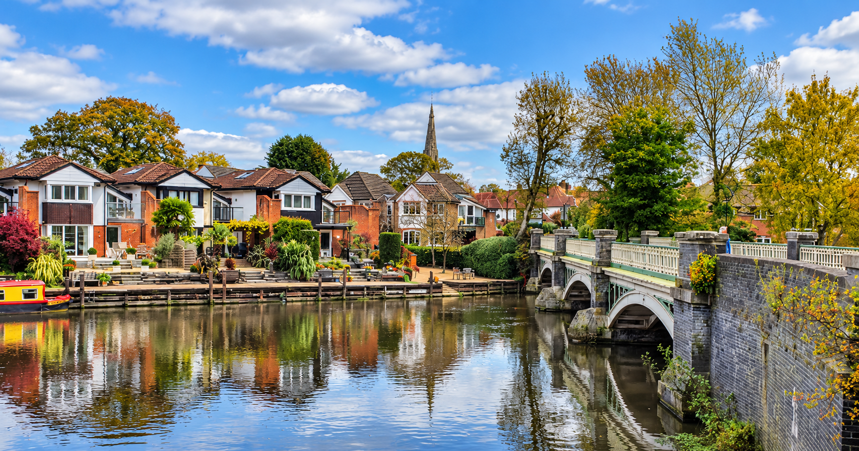 Colorful houses along a river with a stone bridge, trees, and a cloudy blue sky