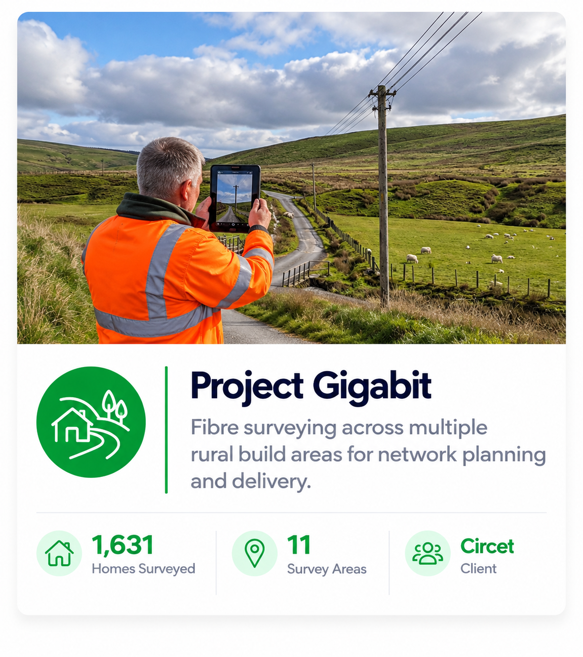 A person wearing an orange safety vest taking a photo with a tablet of a rural landscape featuring a winding road, green hills, and a utility pole, with sheep grazing in the field.