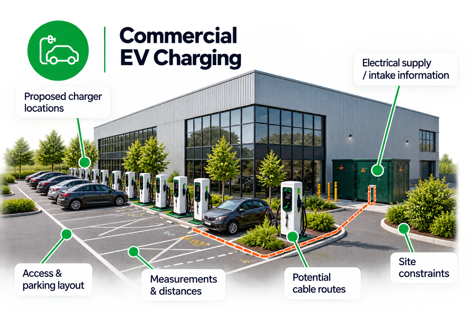 Diagram of an electric vehicle charging station with labeled features including parking layout, proposed charger locations, measurements and distances, electrical supply and intake info, potential cable routes, site constraints, and cable routing.