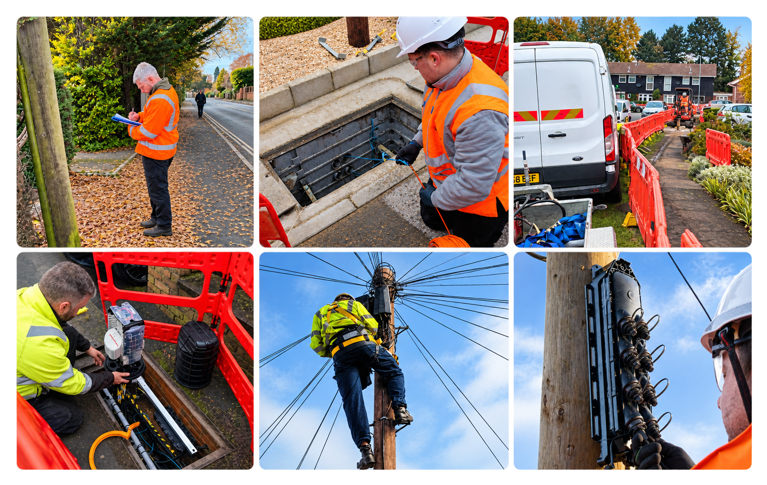 Various utility workers performing maintenance and inspection work on infrastructure, including an outdoor street scene, underground electrical work, installation of street supports, and climbing utility poles.