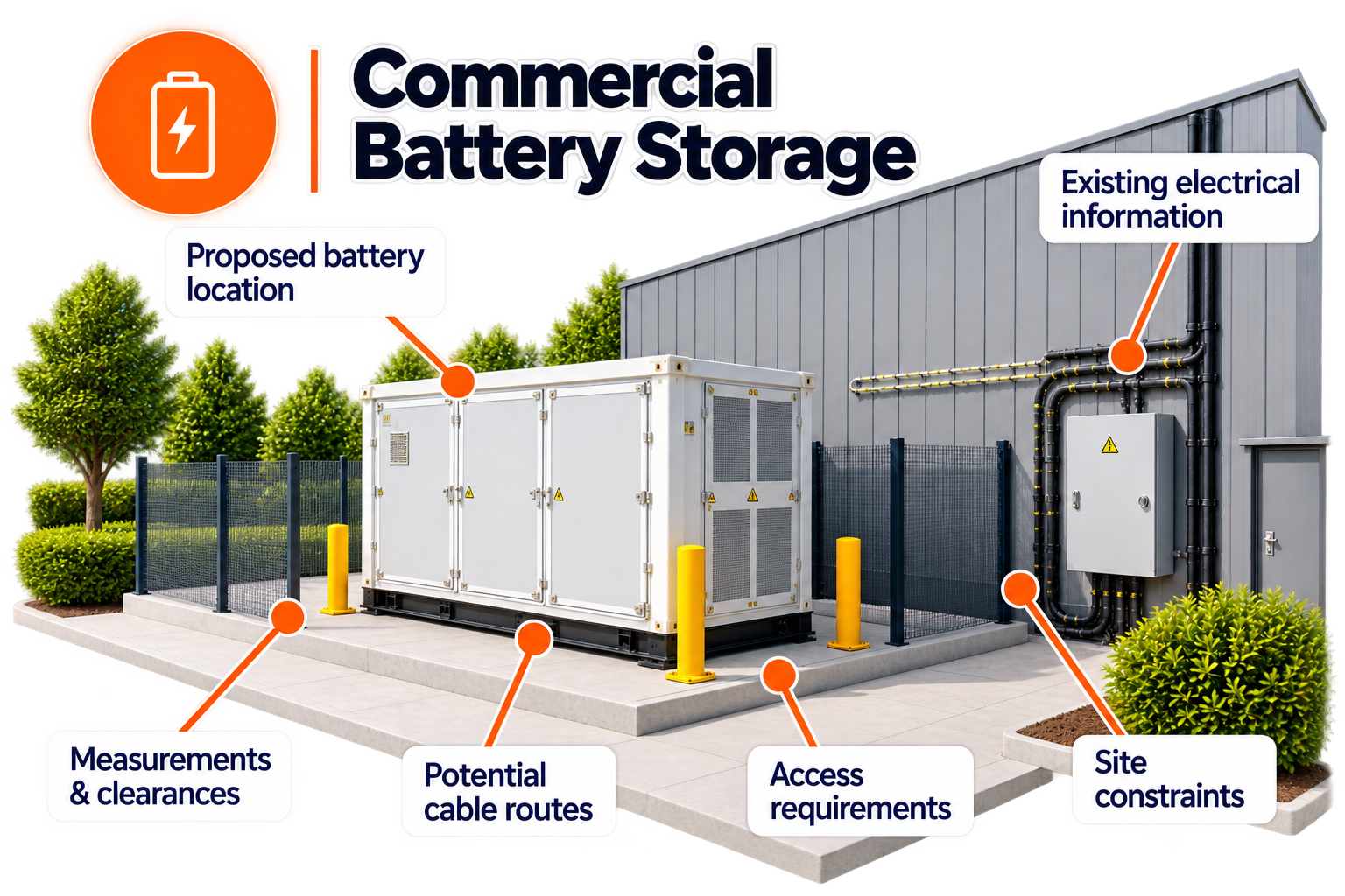 Diagram of a commercial battery storage system with labels pointing to key components: proposed battery location, measurements and clearances, potential cable routes, access requirements, site constraints, existing electrical information