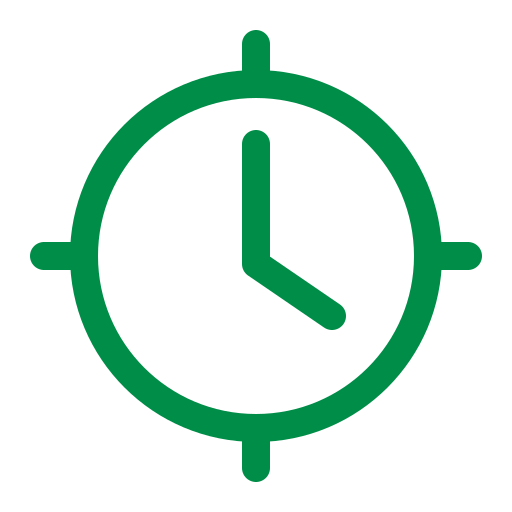 Simple green clock icon showing time with hour and minute hands.