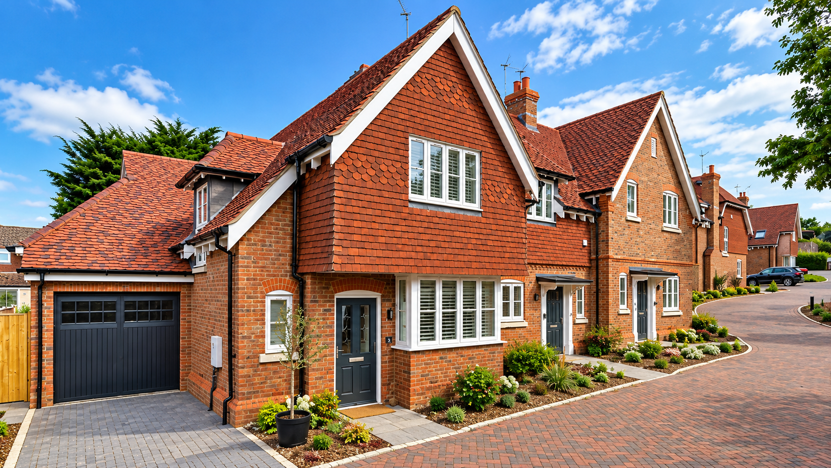 A row of brick houses with red tiled roofs on a paved street under a blue sky with a few clouds, plants, and small trees in front gardens.