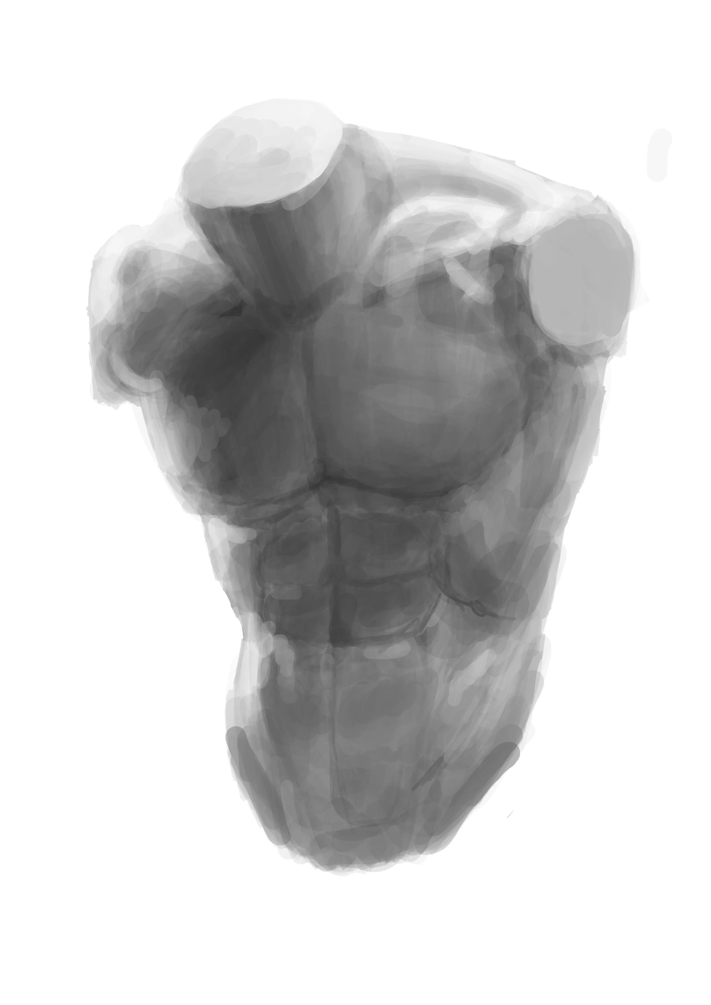 A grayscale illustration of a muscular male figure, shirtless, with defined abs and arms, standing with a confident pose.