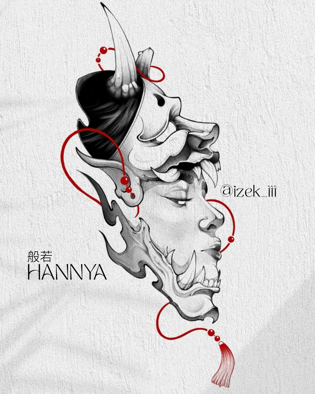 A black and white artistic drawing of a traditional Japanese Hannya Demon blending with a woman's profile. Red decorative dots and lines accentuate the artwork, with text including Japanese characters, 'Hannya,' and a signature '@aizek_ttt'.