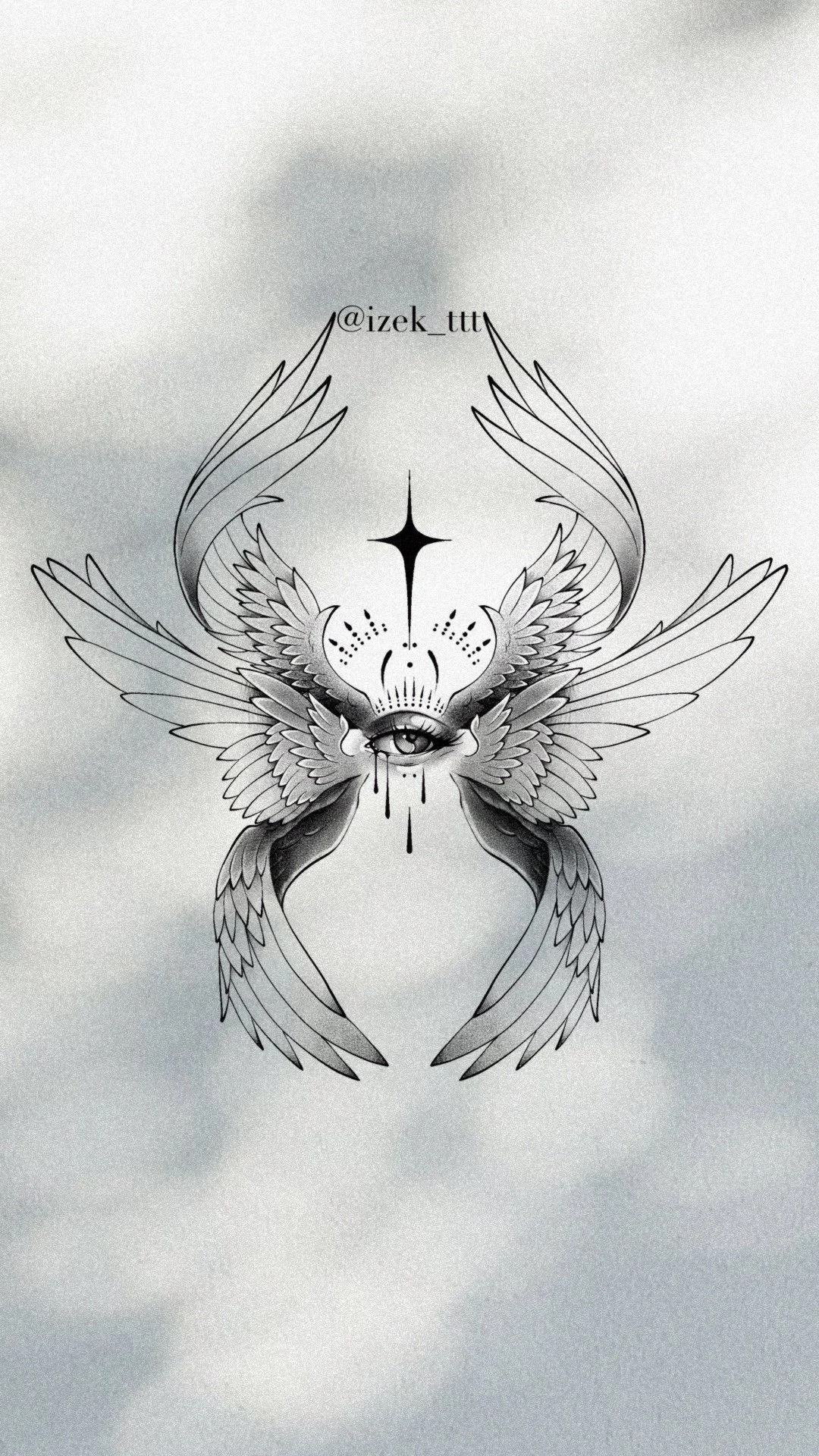 Black and white tattoo-style illustration of an eye with tears and a star above it, surrounded by wings and a crown, with a watermark '@izek_ttt' above. A biblically accurate seraphim angel.
